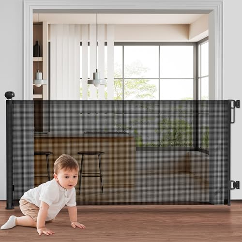 Image of Retractable Baby Gates, 55" Wide Dog Gate, Mesh Pet Gate for Stairs, Door, Corridors, Bedrooms and Various Other Scenarios for Indoor or Outdoor