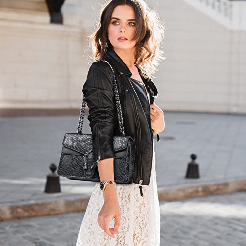 Travistar Klein Umhängetasche Damen - Kette Handtasche Damen Klein Schultertasche Leder Crossbody Bag Tasche Mode Schlange Gedruckt Abendtasche mit Verstellbarer Ketten-Schulterriemen Schwarze
