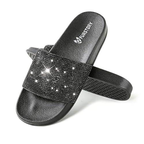 Image of Fur Story Womens Slides House Slippers Rhinestone Glitter Slides Cute bling Flat for Women Platform Sandals Cozy Bedroom Slippers Shower Shoes