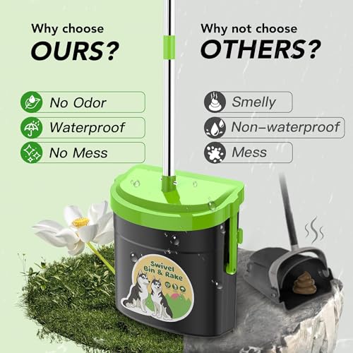 Image of UPSKY 33.4 inch Dog Pooper Scooper Swivel Bin & Rake Kit with 100 Waste Bags | Long Handle Heavy Duty Pet Poop, Stainless Steel, Easy to Install, Odor-proof Lid for All Dog Sizes-Yard /Lawn /Outdoor Use