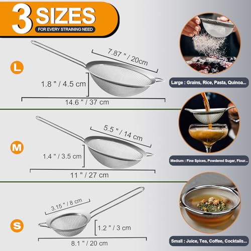 Anaeat Fine Mesh Strainers - Premium Stainless Steel Colander Sieve Sifters, with Durable Mesh and Sturdy Handle, Excellent for Sifting Dry ingredients, Flour, Pastas, Rice, Tea (3.15"+5.5"+7.87") - Image 4