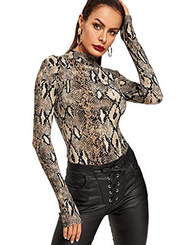 MakeMeChic Women's Pullover Snakeskin Tops Bodysuit Long Sleeves Jumpsuit Multi L