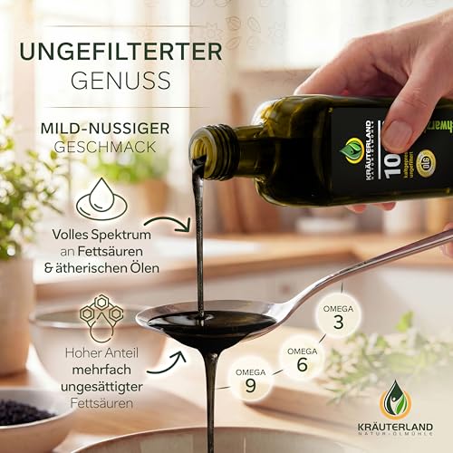 Kräuterland Schwarzkümmelöl 1L (1000ml), ungefiltert, Kaltgepresst, 100% Nigella Sativa, ohne Zusatz von Aromen, Frabstoffe & Konservierungsstoffe - direkt aus unsrer hessischen Ölmühle