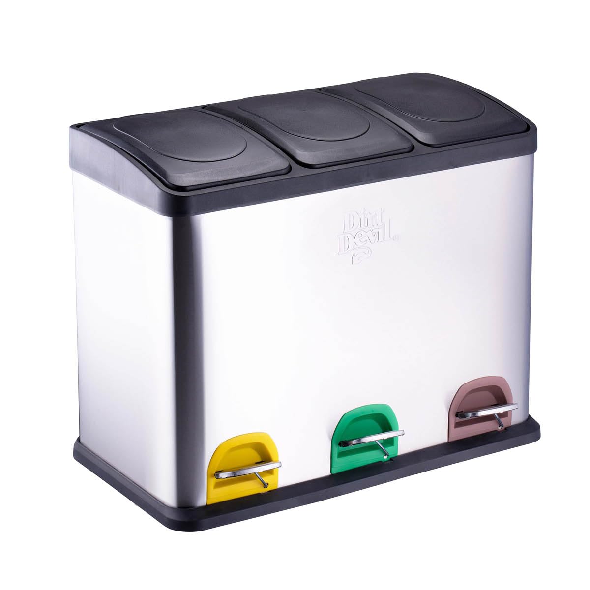 Dirt Devil Tretmülleimer 3 x 15L - Mülltrennsystem mit 3 Fächer - Abfalleimer Küche - Mülleimer mit Soft Close Deckel - 59 x 30 x 47.5 CM - Treteimer aus Edelstahl - Silber
