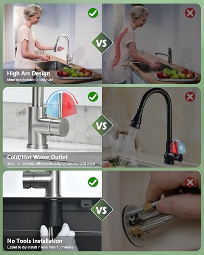 Vfauosit 06BNV Kitchen Faucets, Kitchen Sink Faucet With Pull Down Sprayer Brushed Nickel Stainless Steel Modern High Arc Single Handle Single Hole Pull Out Kitchen Faucet For Bar Laundry Rv Utility Sink thumb #3