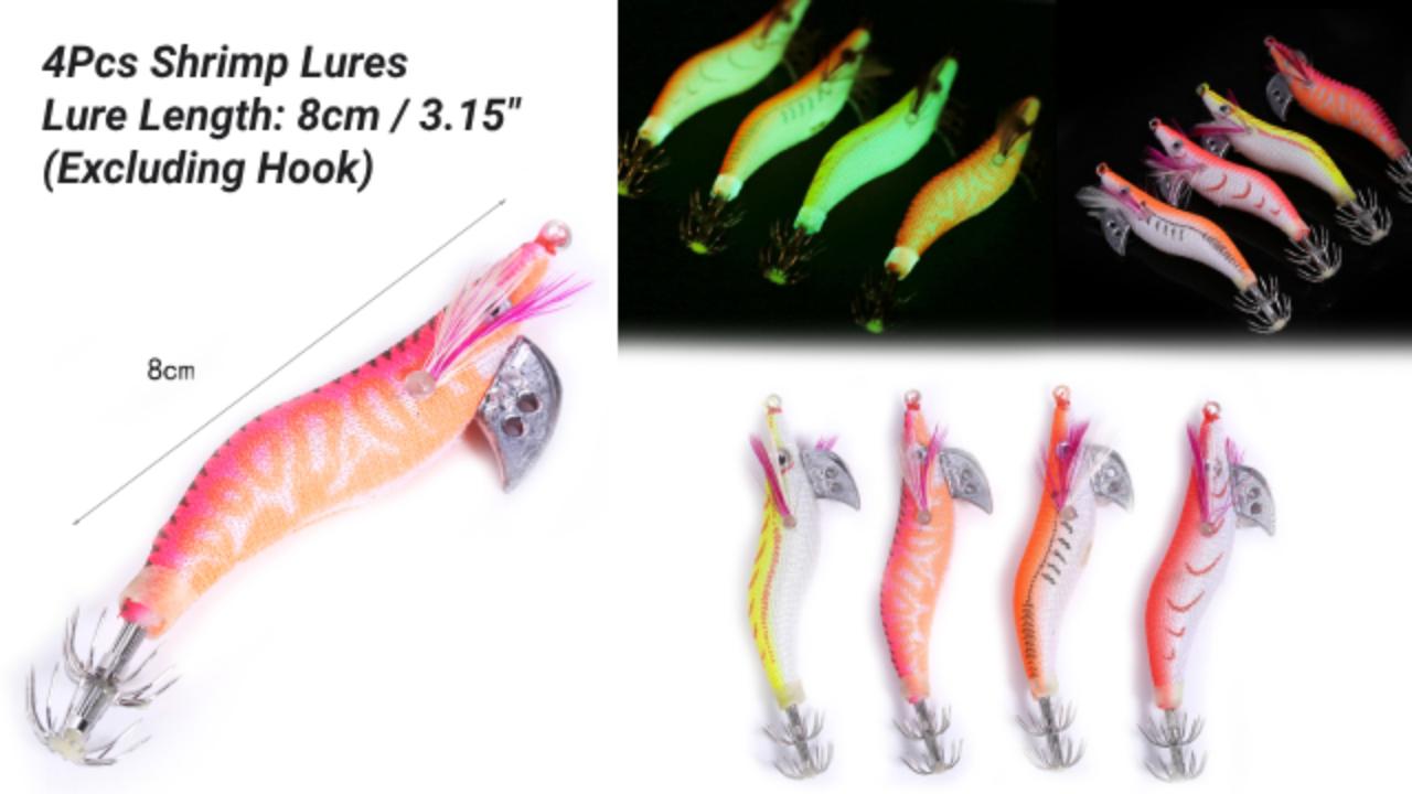 Señuelos De Camarón Luminosos Para Pesca - Pack De 4, Gancho De Acero, Ideal Para Calamares Y Agua Salada/Dulce