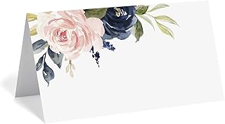 Bliss Collections Navy Floral Place Cards for Wedding or Party, Seating Place Cards for Tables, Scored for Easy Folding, F...