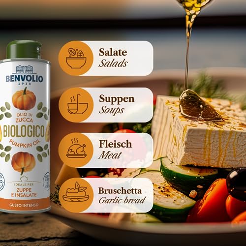 BENVOLIO Kürbiskernöl Bio Kaltgepresst 250ml - 100% Natürliches & Rein, für Haut, Haar & ProstataGesundheit | Verwendung in Salaten, Suppen, Haut, Haarpflege, Lash und Brauenwuchs | Pumpkin Seed Oil
