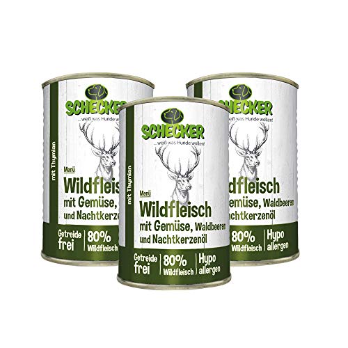 Produktbild von Schecker Hundemenü Wildfleisch mit Gemüse, Waldbeeren und Nachtkerzenöl - 3 x 410 g