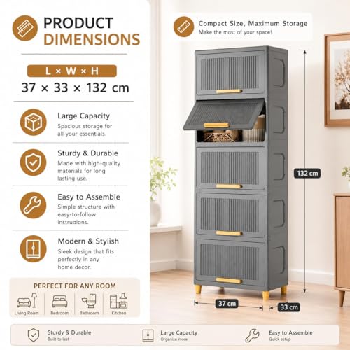 Image of Mevigo Door Plastic Wardrobe for Kids| Almirah and Wardrobe for Baby Clothes| Modular Storage Cabinet Organizer for Cupboard Standing Mat for Kitchen,Home Office,Sink-Indoor (Grey, 5- Layer)