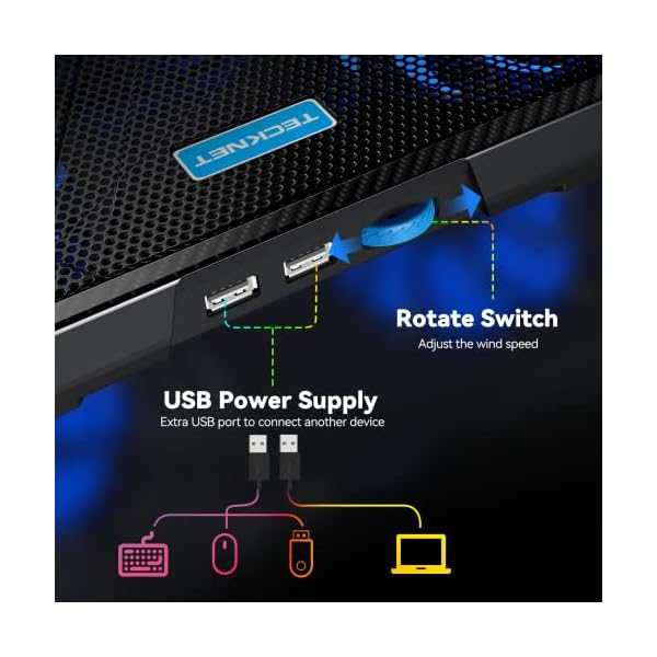 TECKNET Laptop Cooling Pad,RGB Laptop Cooler With 5 Quiet Fans,Gaming Laptop Cooling Stand with Touch Button and 2 USB Ports,3 Height Adjustable Laptop Fan fits 12"-19" Notebooks - Image 7
