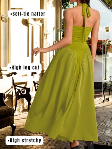 Image of ChiaoLezhee Deep V Neck Dress, Halter Maxi Dresses, Vacation Date Night, Sexy for Women Corset Flowy Wedding Guest Drop Waist