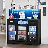 Coffee Bar Cabinet with Mini Fridge Space,Wine Bar Cabinets with Power Outlet&Led Lights, Mini Fridge Cabinet Home Liquor Cabinets with Glass Holder&Wine Rack, Modern Buffet Sideboard with Storage