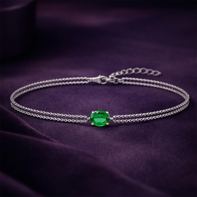 Image of Clara 925 Sterling Silver Green Solitaire Double Chain Bracelet | Adjustable, Platinum Plated, Swiss Zirconia | Gift for Women and Girls