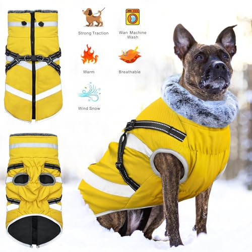 Oslueidy wasserdichte Hundemäntel, Winter Warme Hunde Jacken Reflektierende Haustier Kleidung Hund Kalte Wetter Mäntel Gemütliche Schnee Anzug Jacke Weste für kleine mittlere große Hunde (Gelb, XL)