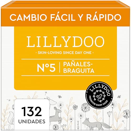 Pañales-braguita LILLYDOO - talla 5 (11+ kg), caja mensual (132 unidades), protección contra fugas, delicados con la piel, suaves, sin perfumes ni lociones, dermatológicamente testados