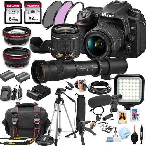 Nikon D7500 DSLR Camera Kit with 18-55mm VR Lens + 420-800mm Super Telephoto Lens + 128GB Memory, LED Light, Microphone, Spare Battery, Filters, Case, Tripod, and More (45pc Video Bundle) (Renewed)
