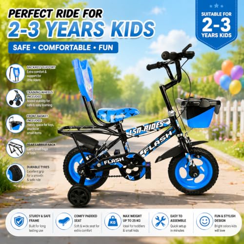 Image of Flash Baby Cycle for Kids 2-3Years | 10 Inch Bike with Training Wheels, Storage Basket, Comfortable Seat & Carrier