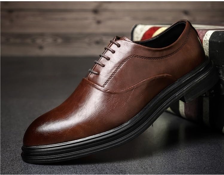 Dress Shoes for Men Classic Lace-up Formal Tuxedo Shoes Round Toe Solid Color Leather Oxford Shoes Rubber Sole Low Top Anti-Slip Block Heel Non Slip Prom3