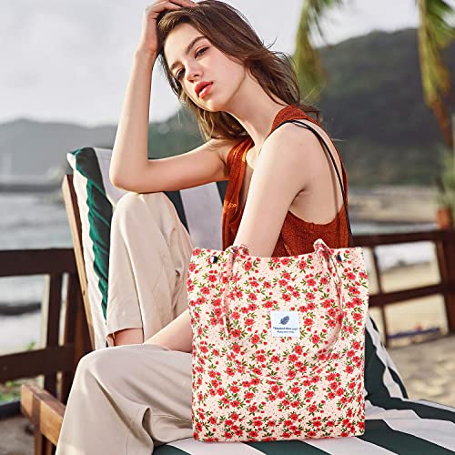 Image of Ayieyill Corduroy Tote Bag for Women Canvas Shoulder Cord Purse with Inner Pocket