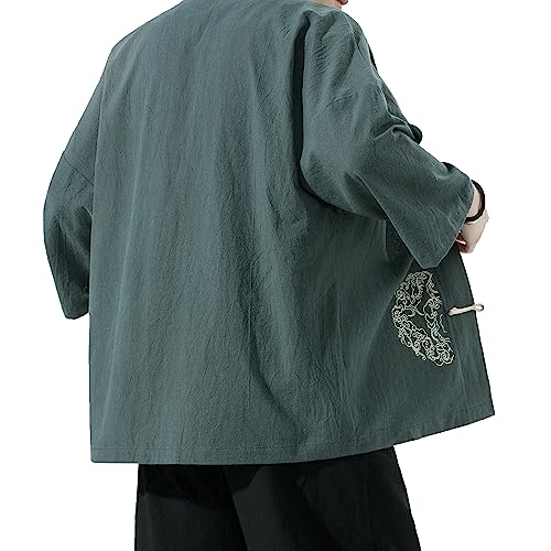 Image of Mens Kimono Cardigan Cotton Linen Japanese Shirt 3 /4 Sleeve Haori Yukata | Skin-Friendly Solid Color Lightweight Shawl Collar Kimono Robe Embroidery Button Tie Pockets Happi Coat All Season Daily Wear