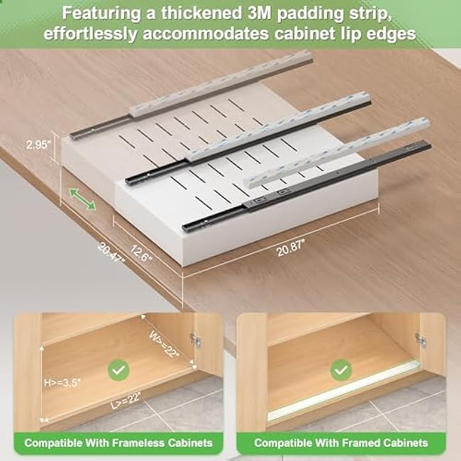 Expandable Pull-Out Cabinet Organizer - White, 21 D x Adjustable Width 12.6-20.47, No Drill Adhesive Installation with 3-Slide Rails for Kitchen Storage (2 Pack)