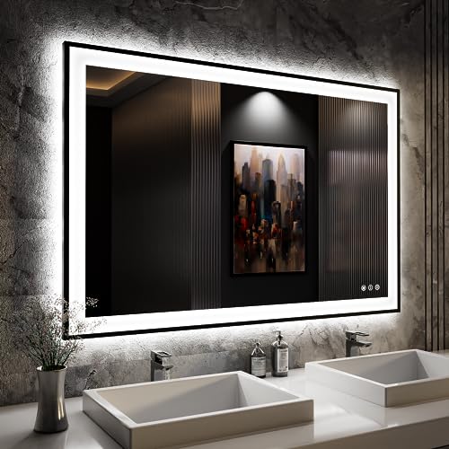 ISKM Framed LED Mirror for Bathroom 48"x32", Dimmable LED Bathroom Mirror with Lights, Anti-Fog, Front and Backlit Lighted Mirror 3-Colors, Shatterproof, Memory Function