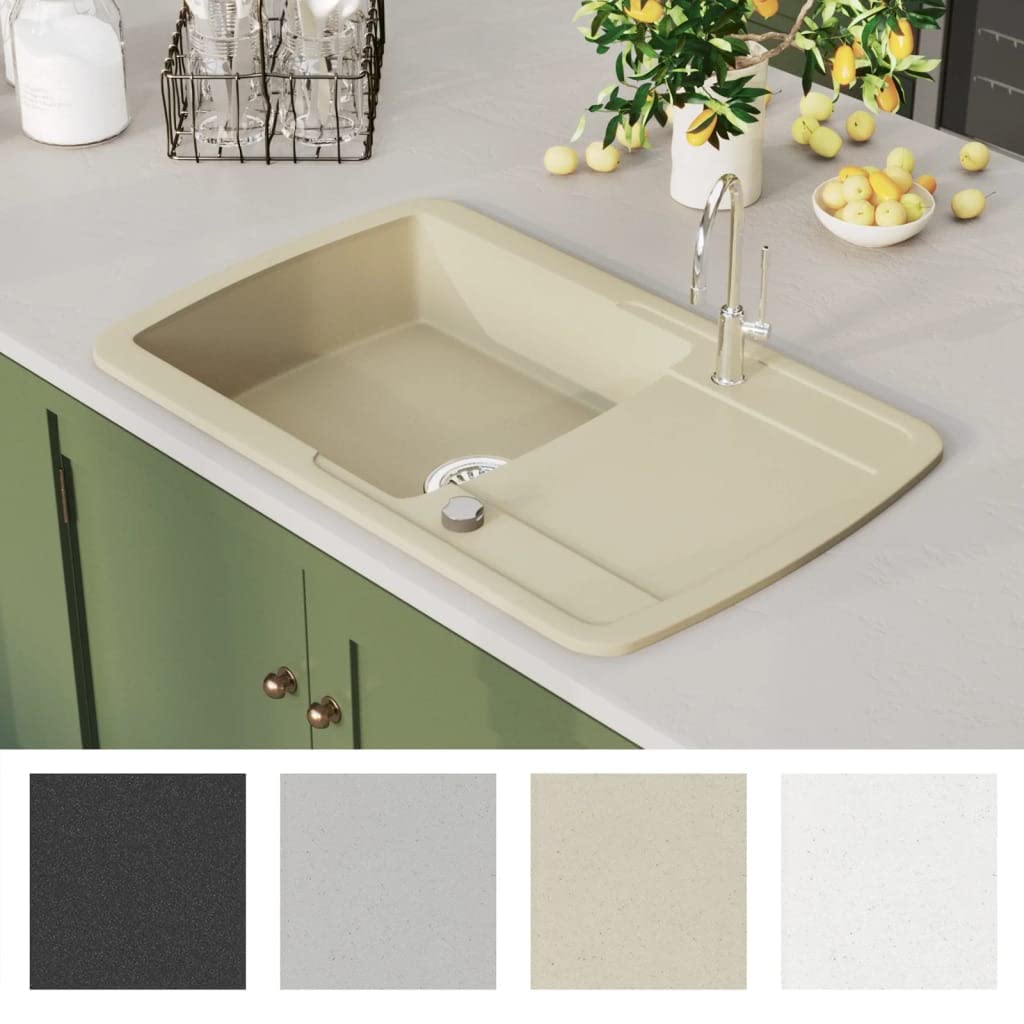 Fregadero individual de granito beige de 80% cuarzo y resina, 780 x 500 x 310 mm, reversible, para cocina y lavadero con cesta colador y resistente al calor hasta 280 °C