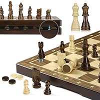 Peradix Chess Set and Draughts Board Games 2 in 1 Set | 15\" Magnetic Foldable Wooden Chess Checkers Board | 2 Extral Queen | Educational Toy Set for Adults and Kids