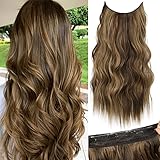 KooKaStyle Invisible Wire Hair Extensions with Transparent Headband Adjustable Size 4 Secure Clips Long Wavy Highlight Hairpiece 20 Inch Balayage Chocolate Brown to Caramel Blonde for Women