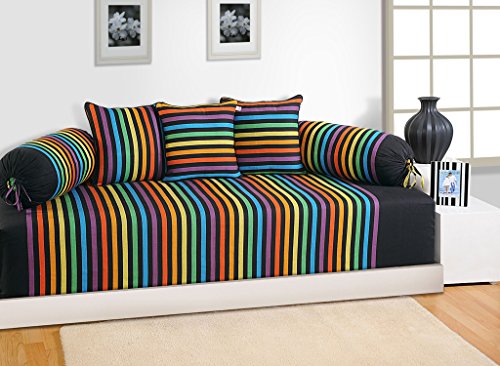Image of Swayam 240TC Diwan Set 100% Cotton 6 Pcs | Deewan Striped Printed Bedsheet Set for Living Room Hall (1-Bed Sheet 60x90 Inch | 2-Bolster Cover 30x30 Inch | 3 Cushion Cover 16x16 Inch) - Multicolor