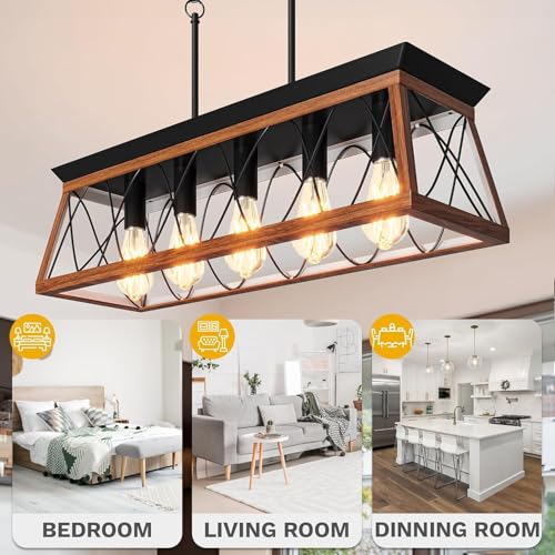 DWVO 5-Light Pendant Lights Island Fixture, Farmhouse Rustic Rectangular Chandelier for Dining Room, Kitchen, Living Room, Entryway