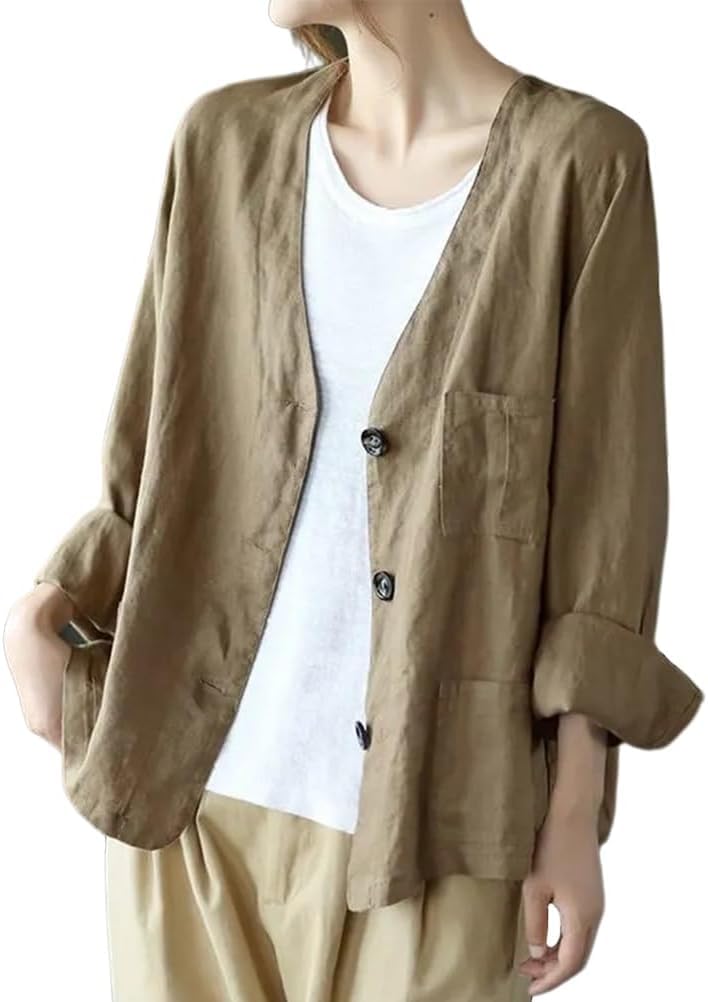 Blazer Oversize in Cotone e Lino da Donna Manica Lunga con Scollo a v Casual Leggero Blazer Primaverile Cardigan Blazer Cardigan Business Casual Blazer