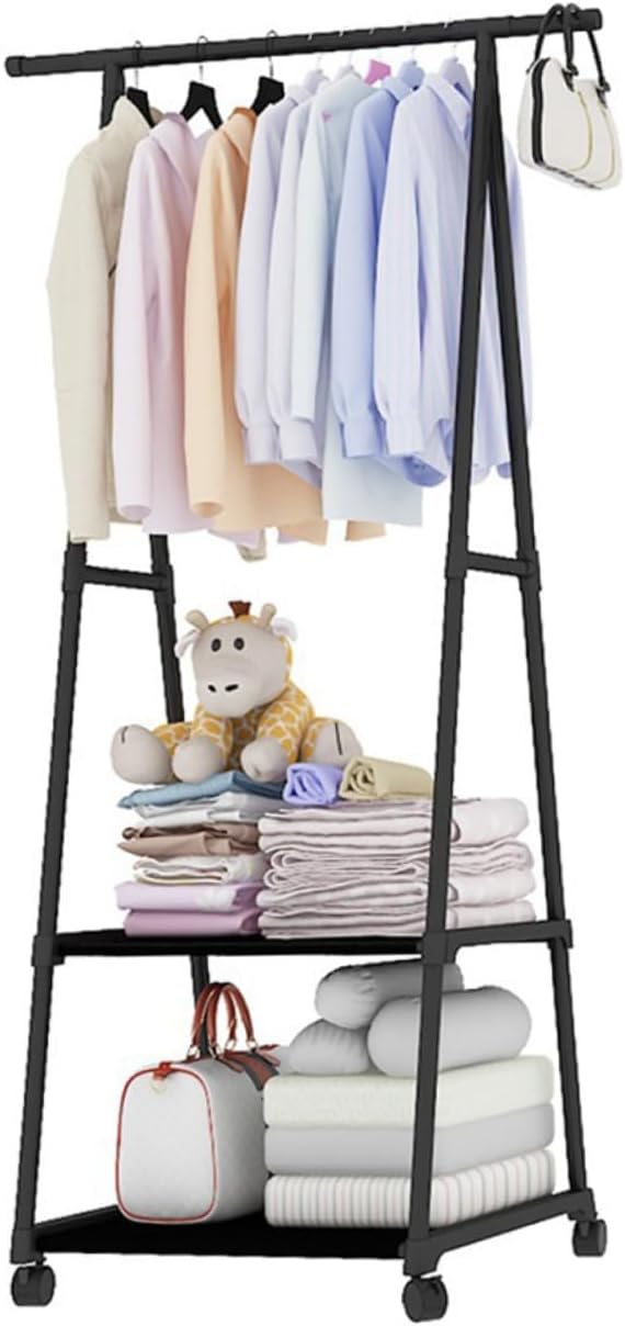 Multifunctional Iron Garment Rack with Wheels Adjustable Clothes Drying Hanger Black Storage Stand for Bedrooms and Laundry Room
