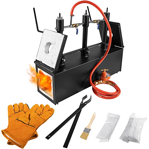 Triple Burners Portable Propane Gas Forge Three Burners 2700F/1482 Large Capacity Square Forging Furnace for Blacksmithing Farrier Knife Tool Making Equipment with Tong & Gloves 2-Doors