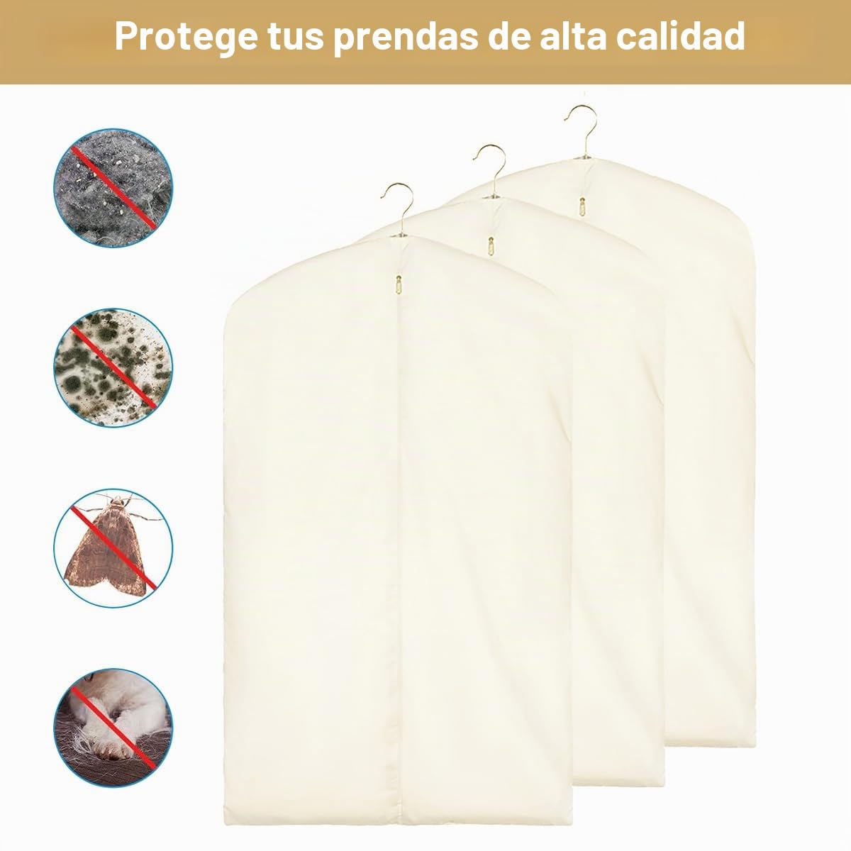 Fundas Para Ropa De Algodón, Bolsa Para Colgar Ropa De 3 Piezas, Fundas Transpirables Para Trajes Con Cremallera, Fundas Para Abrigos De Piel, Visón Y Plumón(Size:100×58cm,Color:Plano)