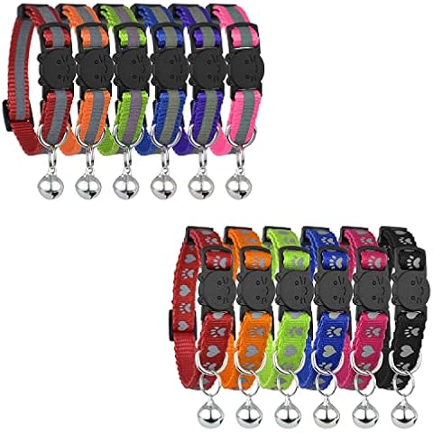 Reflective Cat Collar with Bell, Set of 12, Paw & Heart Collars for Cats, Nylon, Mixed Colors, Pet Collar, Breakaway Cat Collar, Free Replacement (12-Pack) Cover