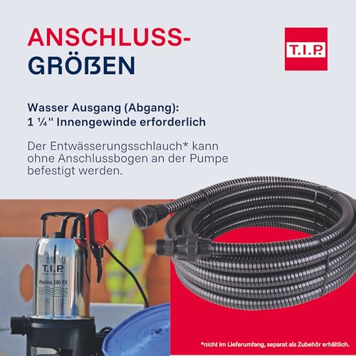 T.I.P. Schmutzwasser Tauchpumpe Edelstahl 180 PX - 10.500 l/h Fördermenge, 7m Eintauchtiefe, 7m Förderhöhe, leistungsstarke Tauchpumpe, robust und langlebig, ideal für Kellerentwässerung 30121