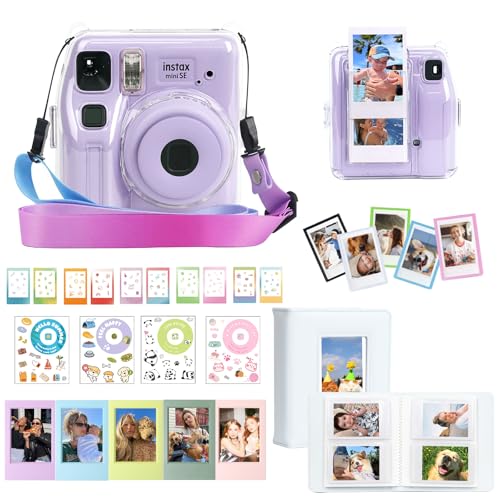 WOGOZAN Mini SE Accessories for Fujifilm Instax Mini SE Instant Camera Clear Case with 5 Picture Frames 2x3 5 Magnetic Frames Photo Album 10 DIY Stickers 4 Camera Stickers and Strap (No Camera)