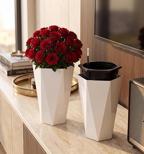 22.4" White Tall Planters Outdoor Set of 2, Large White Flower Pots Outdoor with Drainage Holes & Automatic Watering System, Modern Large Resin Planters for Outdoor Plants, Front Porch, Deck, Diamond by GarveeHome - Used condition - US$85.49