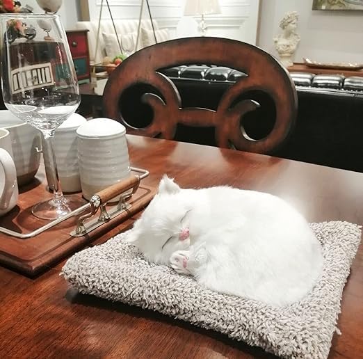 Image of Sleeping Cat Plush Toy with Press Simulation Sound, Sleeping Cat Stuffed Animal Fur Soft Toys with Sound for Kids Car Dashboard Cat & Office Desk (White)