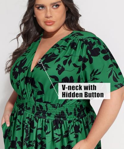 CARCOS Plus Size Dresses for Curvy Women V Neck Summer Maxi Dress Short Sleeve Floral Boho Dress Smocked Waist Beach Dress4