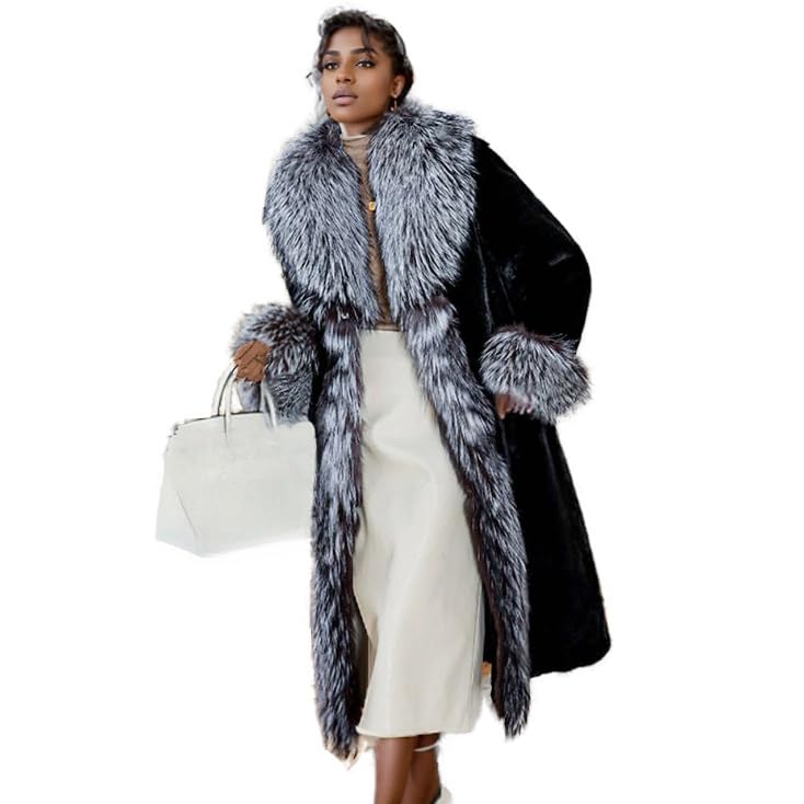 Shaggy Faux Fur Long Sleeve Long Length Black Coat Fluffy Grey Collar Women's Fashion Outwear