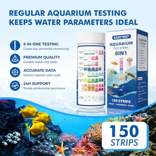Image of EASYTEST 8-Way Aquarium Test Strips with Ammonia, 150PCS Fish Tank Test Kit