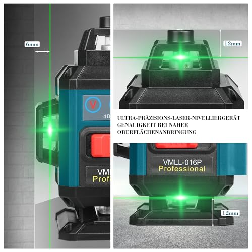 SinoApollo Kompakter 4D 16-Linien-Laserwasserwaage, Selbstnivellierend, 4*360 Grad Grüne Kreuzlinienlaser für Bauarbeiten und Bilderhängen, mit 2 wiederaufladbaren 5200 mAh Typ-C Batterien, Fernbedien