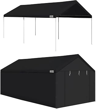 Caravan Canopy Domain 10 x 20 Foot Durable Portable Garage Carport Canopy Car Tent Sidewalls with Dual Zippers and Roll Up Door, Black Anchor/Mounting Materials + Sidewalls Included