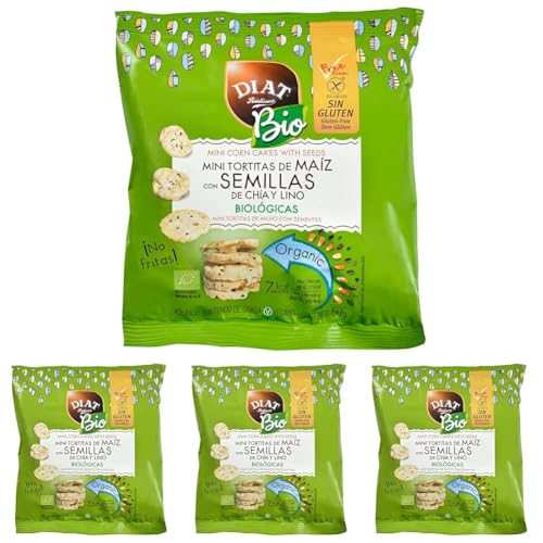 DIAT Radisson Mini Tortitas de Maíz Sin Gluten BIO | Tortitas con semillas de Chia y Lino | Producto Gluten Free | Bajo en Grasas | Tortitas ecológicas | Apto para Veganos | Maíz no GMO (Paquete de 4)