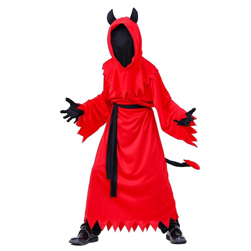 Lito Angels Red Devil Fancy Dress Up Set Halloween Costume with Mask, Demon Horns and Tail for Kids Boys Age 10-12 Years, L