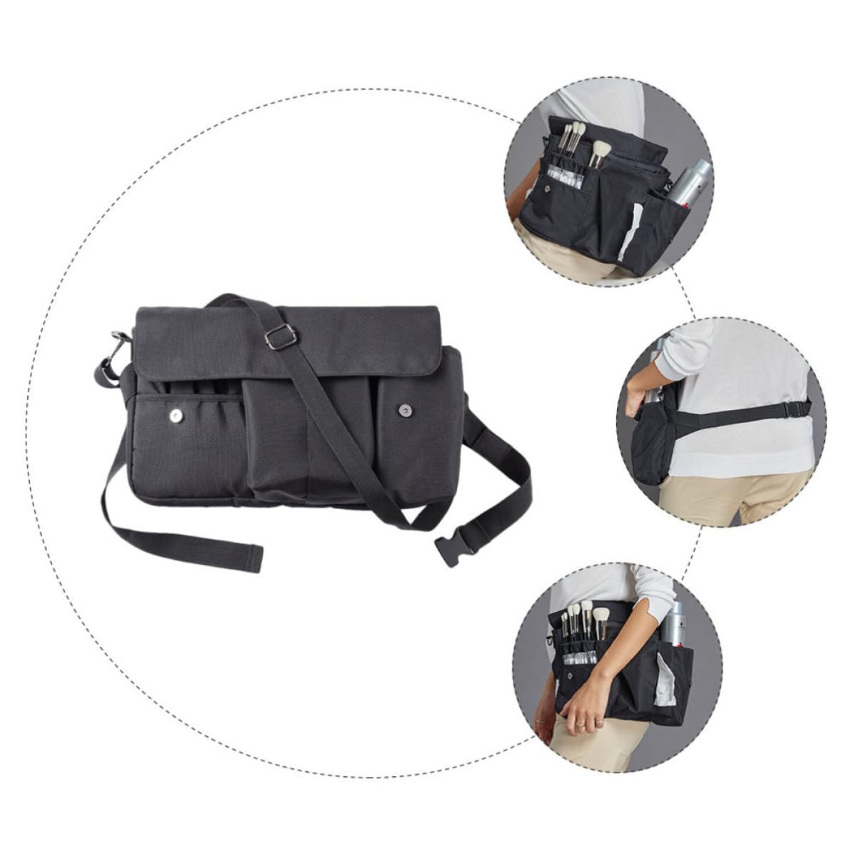 Tofficu Borsa Cosmetica da Viaggio in Tela Nera Ampio Spazio e Cinturino Portatile, Organizer per Pennelli Trucco Pratica dal Design Creativo