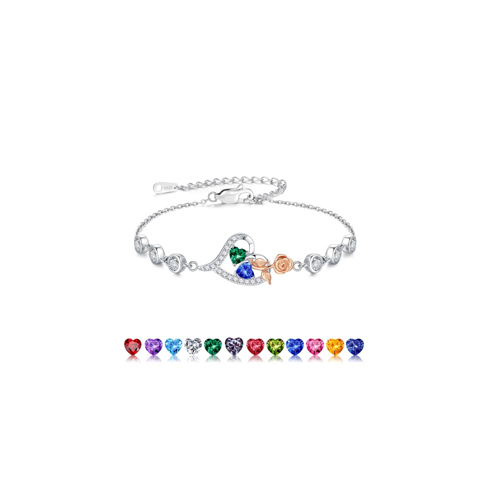 Iefil Valentines Day Gifts for Her - 925 Sterling Silver Rose Heart Birthstone Bracelets, Anniversary Birthday Gifts for Women Wife Mom Daughter, 6"+2